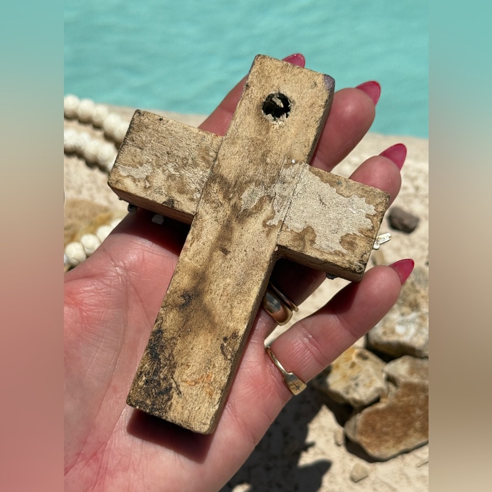 Milagro Silver Metal Charm Spanish Folk Art Painted Wood Cross-Ocean Blue - Picture 8 of 9